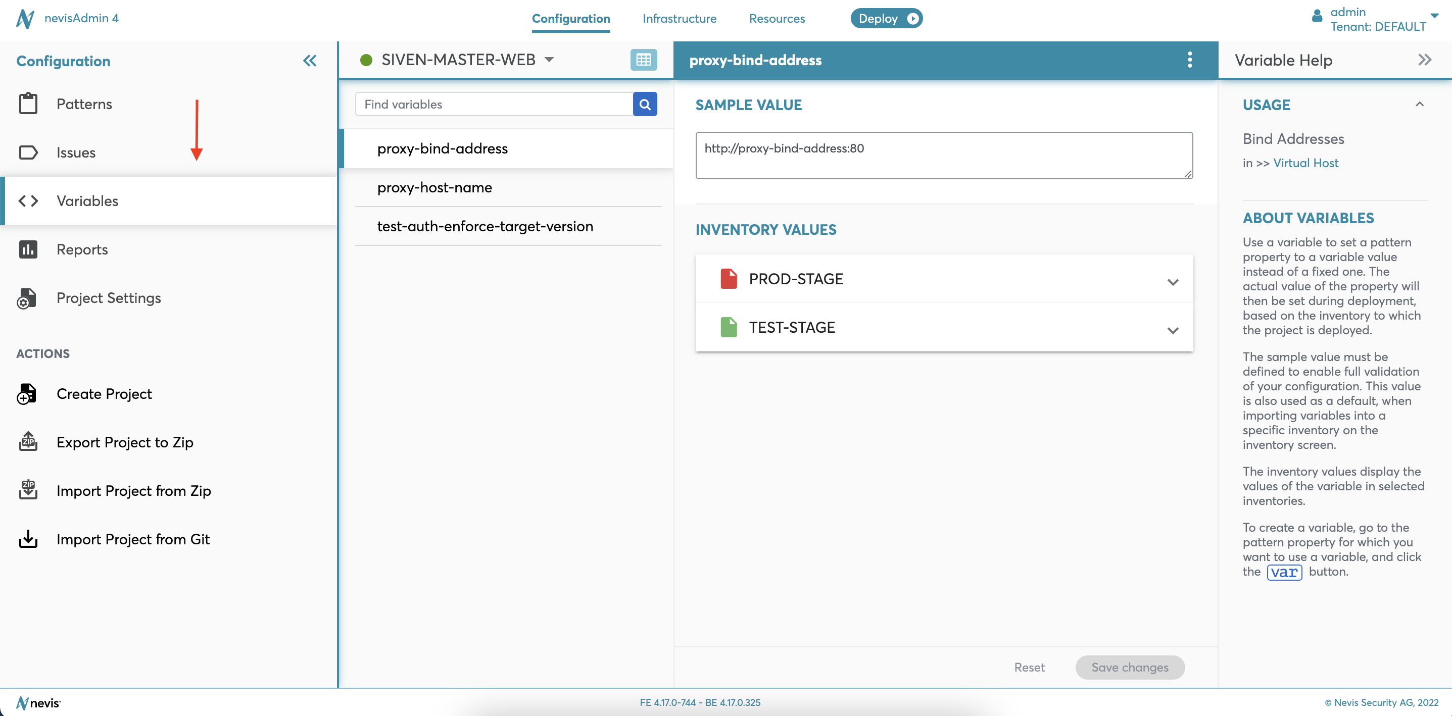 Configuration tab - Navigation menu - Variables